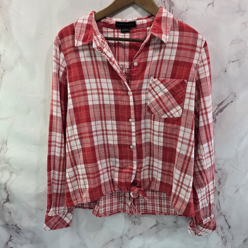 Anthropologie Shirt Womens Small Red Button Up Plaid Hi Low Tie Knot Sanctuary